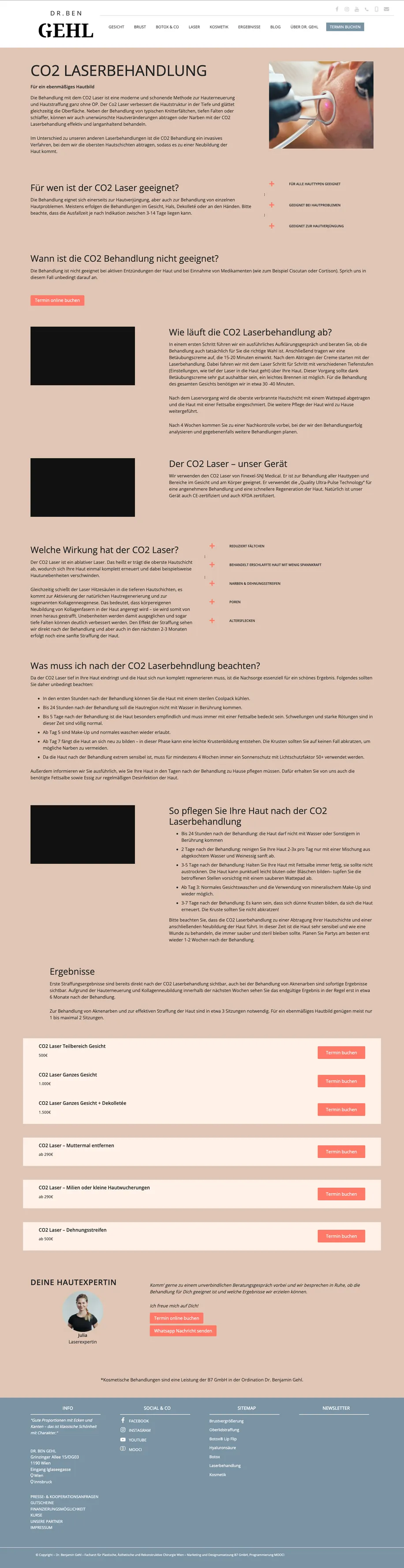 Alte Behandlungsseite CO2-Laser auf drgehl.at, März 2025, ganze Seite