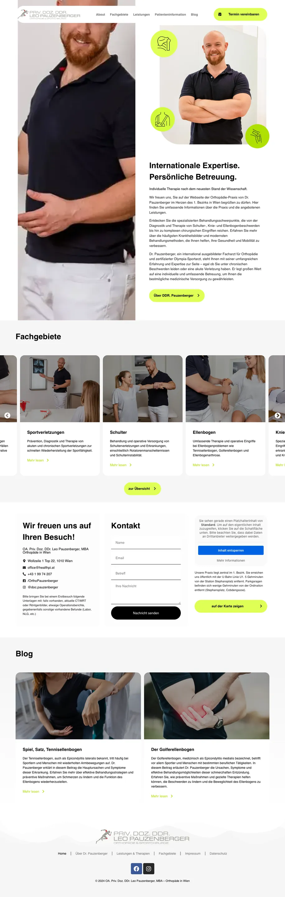Alte Startseite von ortho-pauzenberger.at, Oktober 2024, ganze Seite: Foto, Begrüßungstext, Fachgebiete, Kontakt und Blog