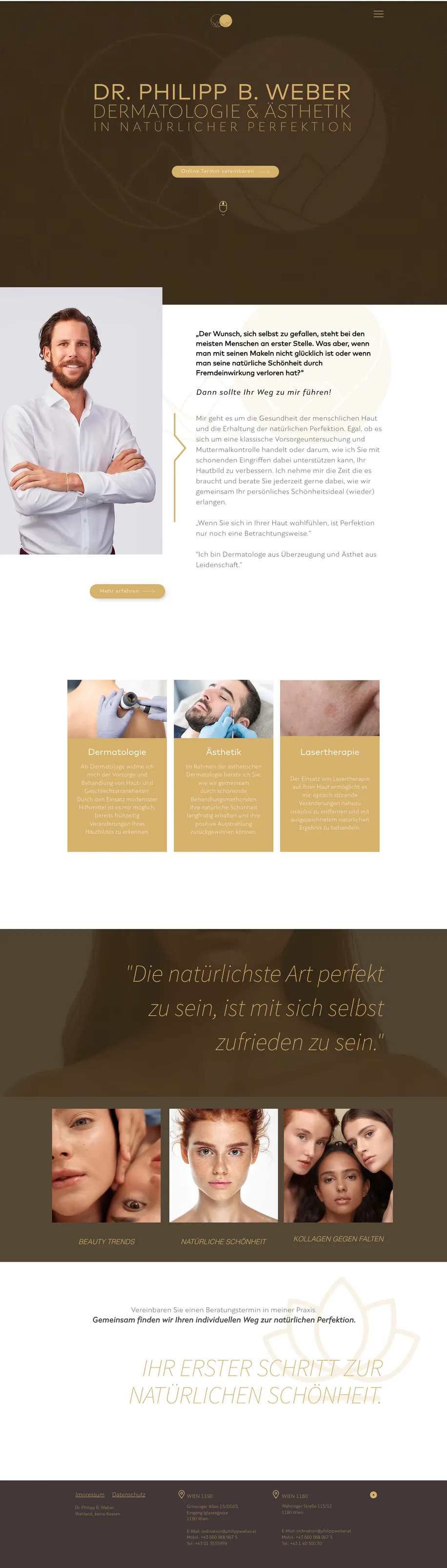 Alte Startseite von philippweber.at auf Wix, August 2024: Name und Termin-Knopf, Über-mich-Text, drei Leistungsbereiche, Zitat und Blog