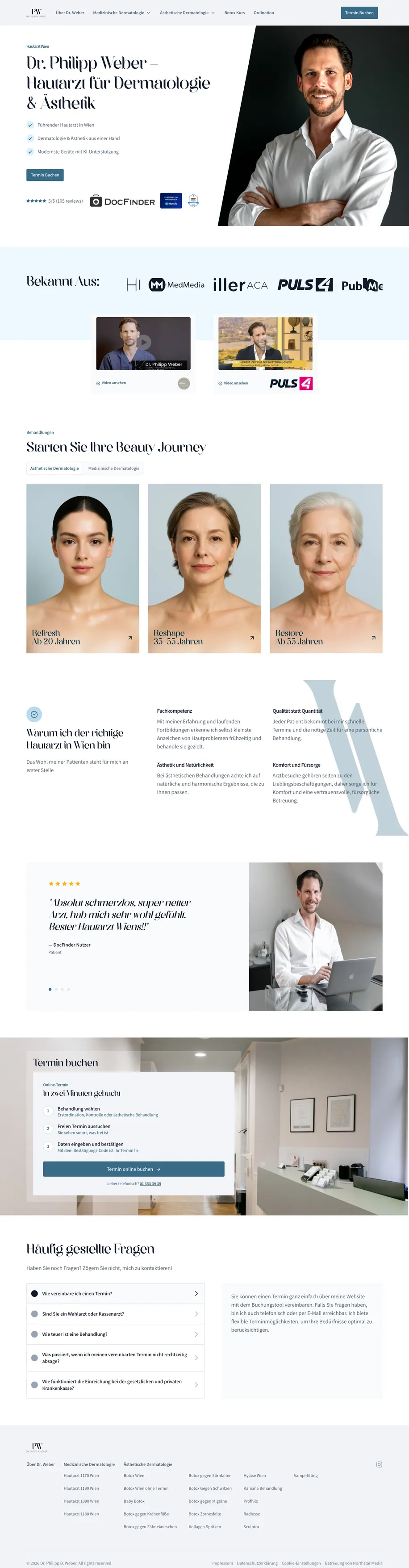 Neue Startseite von philippweber.at heute: Dr. Philipp Weber, Hautarzt für Dermatologie und Ästhetik, mit Termin-Knopf und Bewertungen