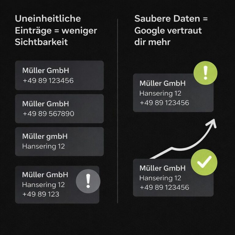 Infografik: Uneinheitliche Firmeneinträge verringern die Sichtbarkeit, einheitliche Daten stärken das Vertrauen bei Google