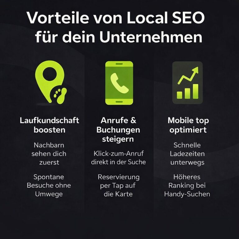 Infografik: Vorteile von Local SEO – mehr Laufkundschaft, mehr Anrufe und Buchungen, mobile Optimierung