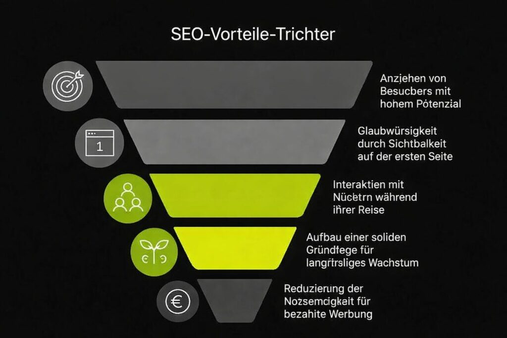 Funnel graphic: SEO benefits from attracting visitors through credibility to lower spending on paid advertising