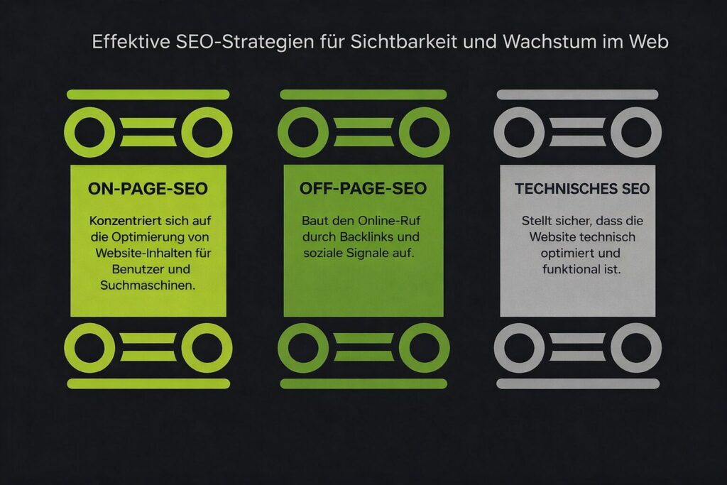 Infographic: an overview of the three SEO areas on-page SEO, off-page SEO and technical SEO