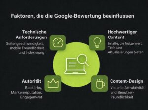 Infographic: factors in Google's assessment, namely technical requirements, high-quality content, authority and content design