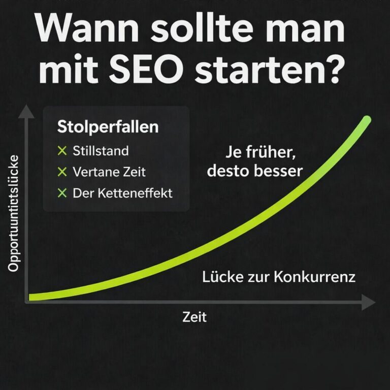 Diagramm: Je früher der SEO-Start, desto kleiner die Lücke zur Konkurrenz – Stolperfallen sind Stillstand, vertane Zeit und Ketteneffekt