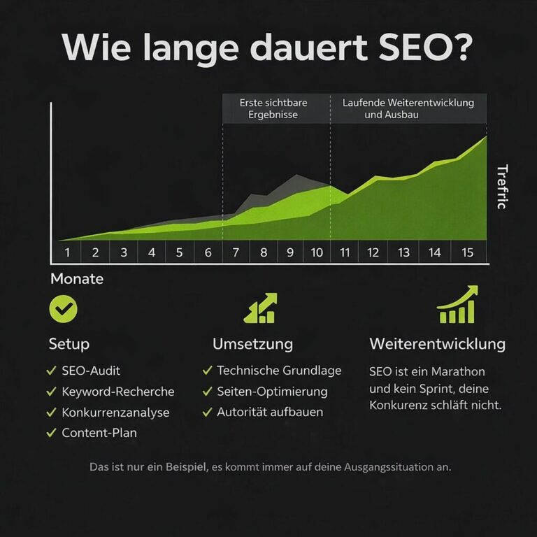 Diagramm: SEO-Verlauf über 15 Monate mit Setup, Umsetzung und Weiterentwicklung, erste sichtbare Ergebnisse nach etwa sechs Monaten