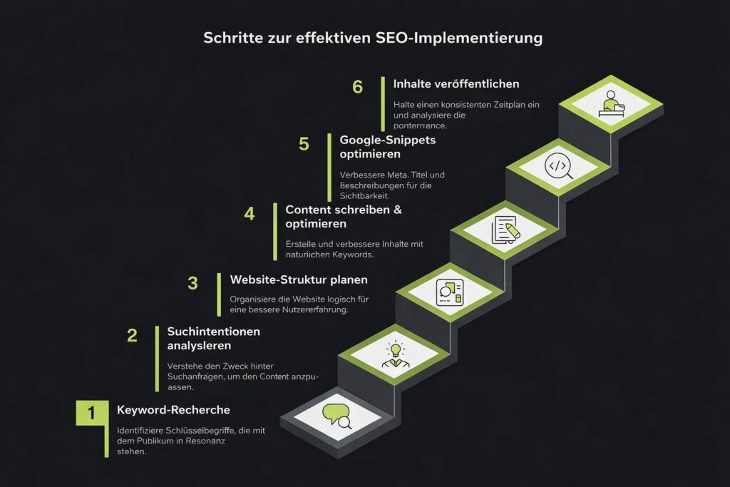 Staircase graphic: six steps of SEO implementation from keyword research to publishing the content