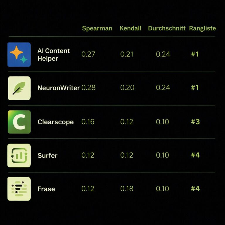 Tabelle: Vergleich von KI-Content-Tools mit Korrelationswerten – AI Content Helper und NeuronWriter auf Rang 1