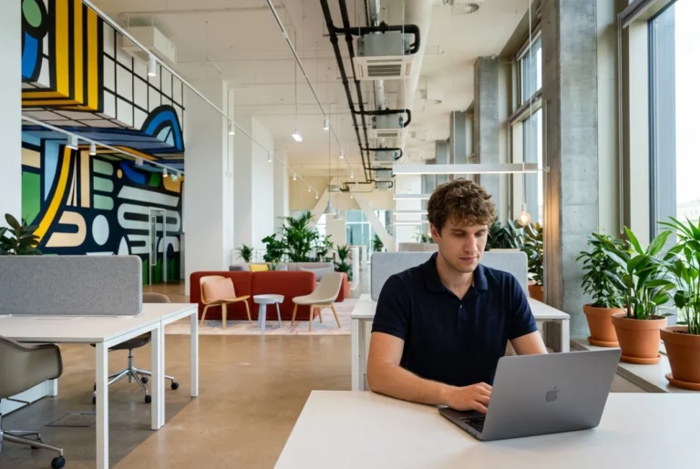 Elias Stehrer arbeitet am Laptop an einem weißen Schreibtisch im Coworking-Space, im Hintergrund die Sofa-Ecke und das bunte Wandbild